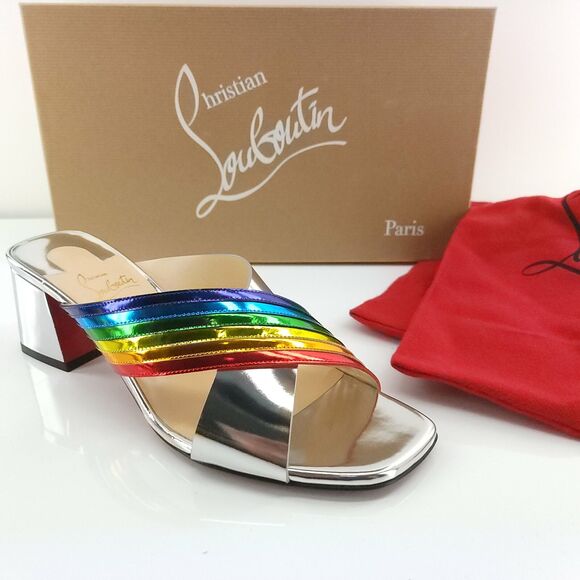 Christian Louboutin Arkenmule 55 Silver Rainbow Slide Sandal SZ 38.5 NIB - Picture 2 of 12